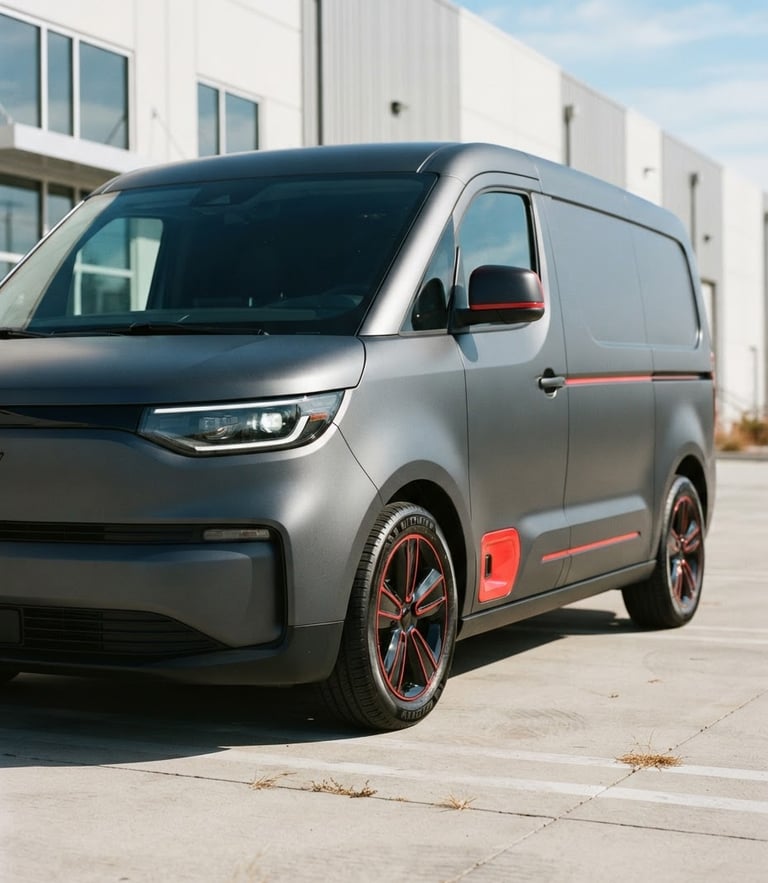Sleek dark delivery vehicle parked under bright afternoon daylight, clean technical lines, 35mm photography
