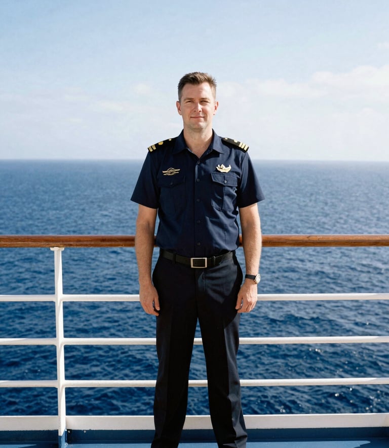 A sharp editorial portrait of a professional maritime executive standing on a cruise ship deck during bright daylight, ocean horizon behind him, 35mm photography