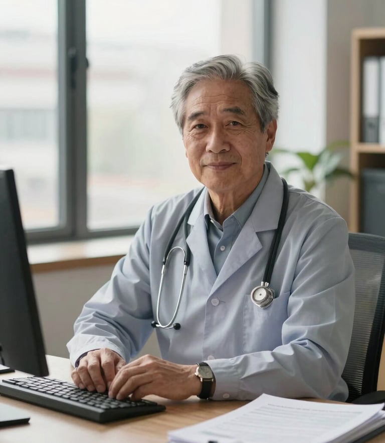 A professional, warm portrait of a senior medical rights consultant in a sunlit office, sitting at a wooden desk with neatly organized files, looking reassuringly towards the camera, soft natural window light, shallow depth of field.
