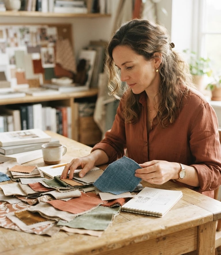 Warm editorial portrait of an interior designer reviewing fabric swatches on a light wooden table, soft morning daylight, shallow depth of field, 35mm film