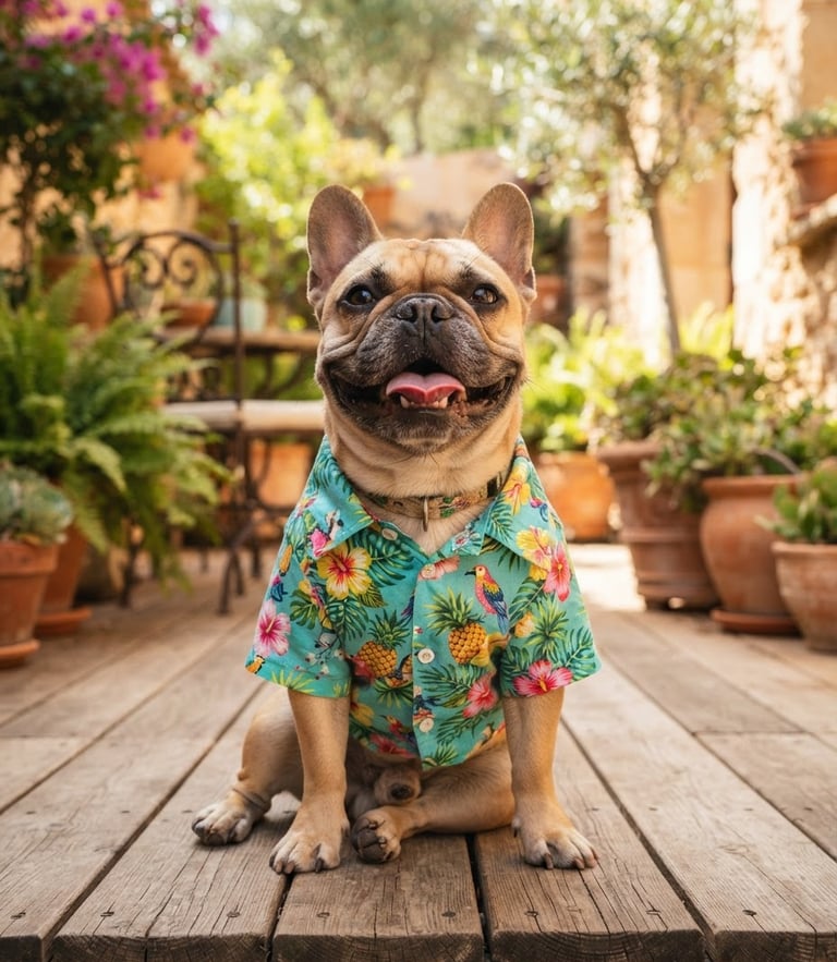 Bright editorial photography of a happy French Bulldog wearing a colorful handcrafted tropical shirt, sitting on a sunlit patio, warm natural daylight, sharp focus