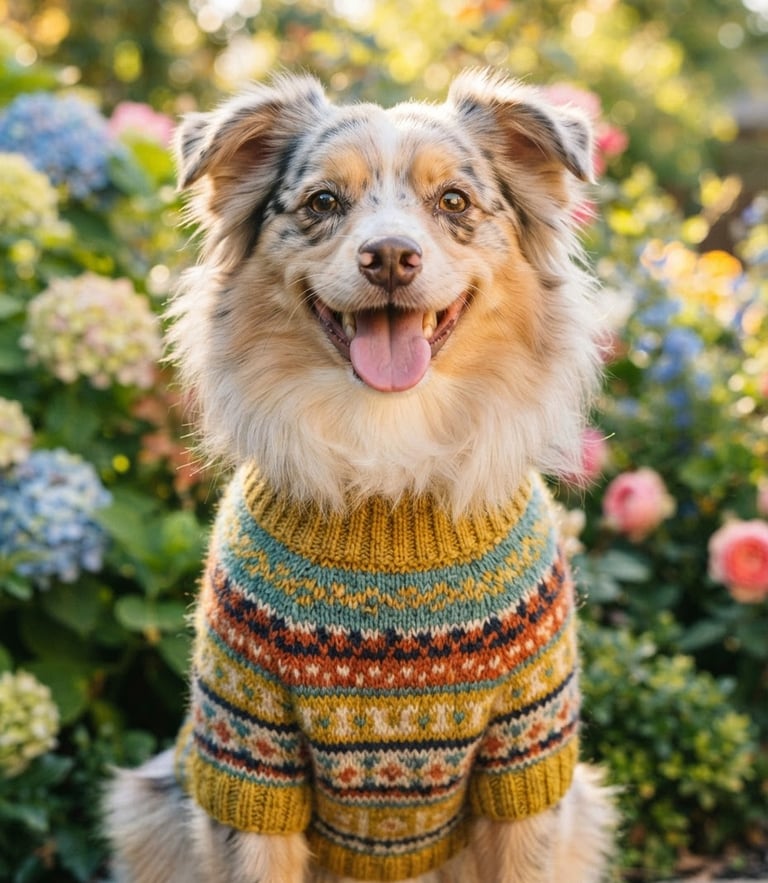 Bright editorial photography of a happy fluffy dog wearing a custom-tailored colorful sweater, warm natural daylight, vibrant cheerful colors, close-up eye-level shot