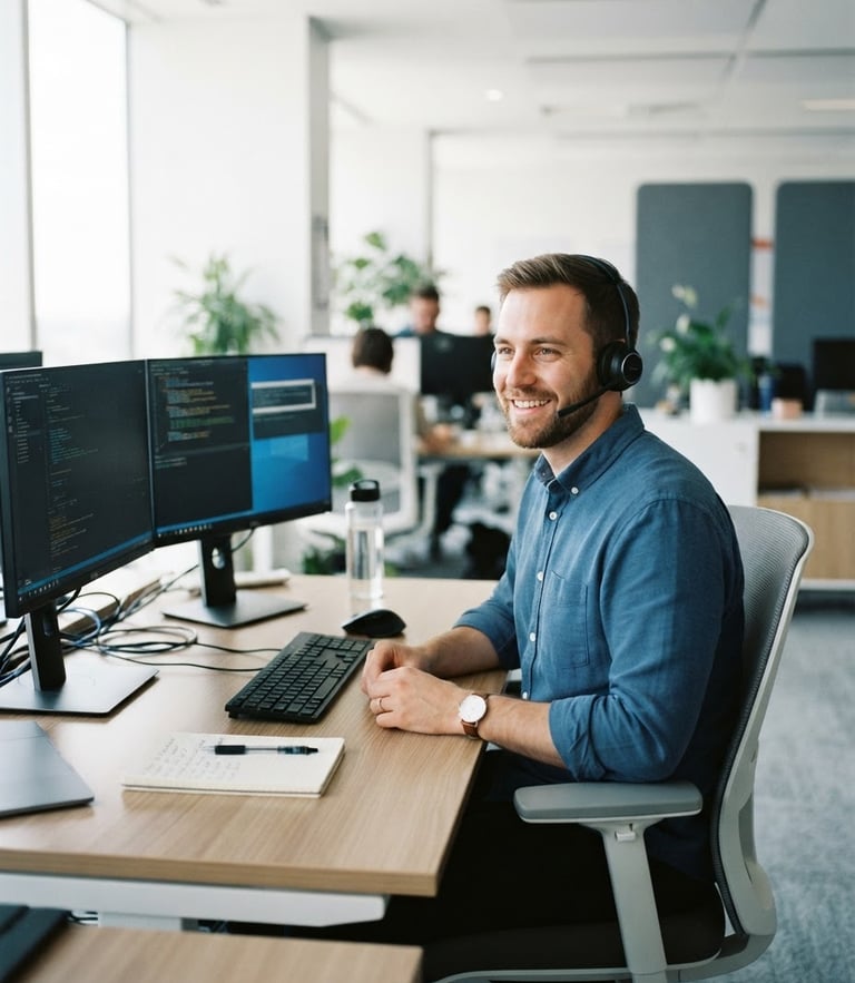 A friendly, patient IT professional wearing a headset, smiling in a bright, clean workspace, soft natural daylight, professional blue tones, 35mm.