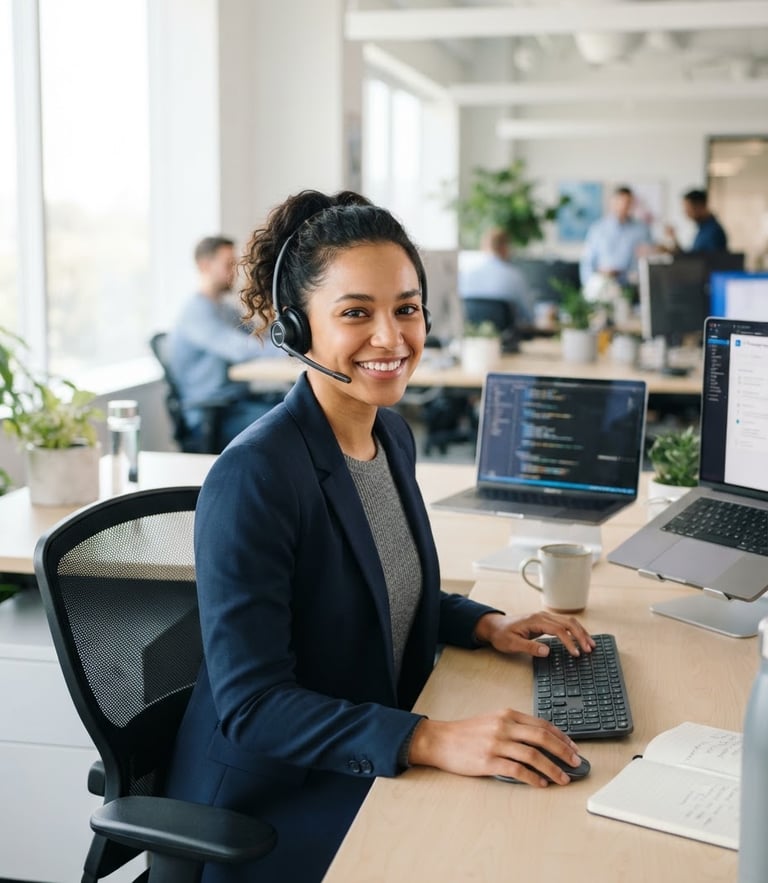 A friendly IT professional wearing a headset in a bright, clean workspace, soft natural daylight, professional blue and gray tones, 35mm