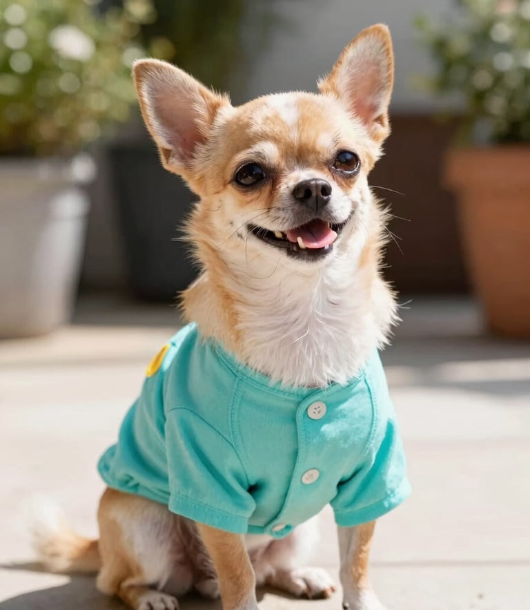 A happy small chihuahua wearing a tiny custom turquoise summer shirt, sitting proudly on a sunny patio, bright cheerful pet photography, warm daylight, 35mm.