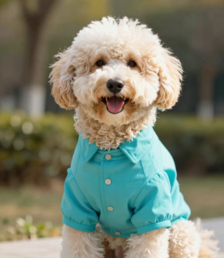 A cheerful, well-groomed fluffy dog wearing a bright turquoise custom-tailored shirt, sitting happily in warm natural daylight, shallow depth of field, 35mm