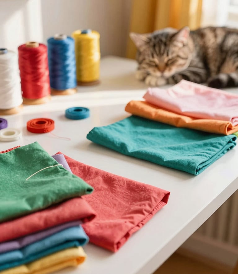 A cozy sewing workshop table with colorful fabrics, threads, and a small sleeping cat nearby, warm golden hour light, 35mm