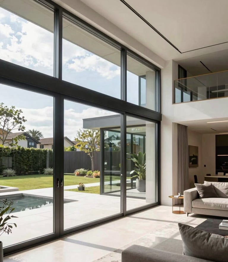 Wide-angle architectural photograph of a luxury modern living room extension in Cheshire, featuring floor-to-ceiling glass doors, minimalist furniture, soft natural daylight, sharp focus, 35mm lens