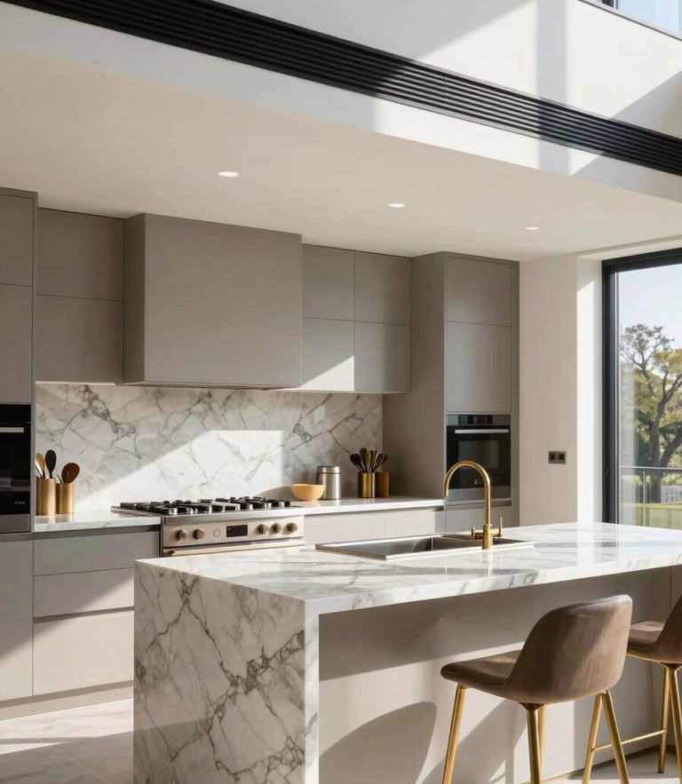 Premium architectural interior photography of a finished modern luxury kitchen extension, bright natural daylight, marble island, brushed brass fixtures, sharp focus