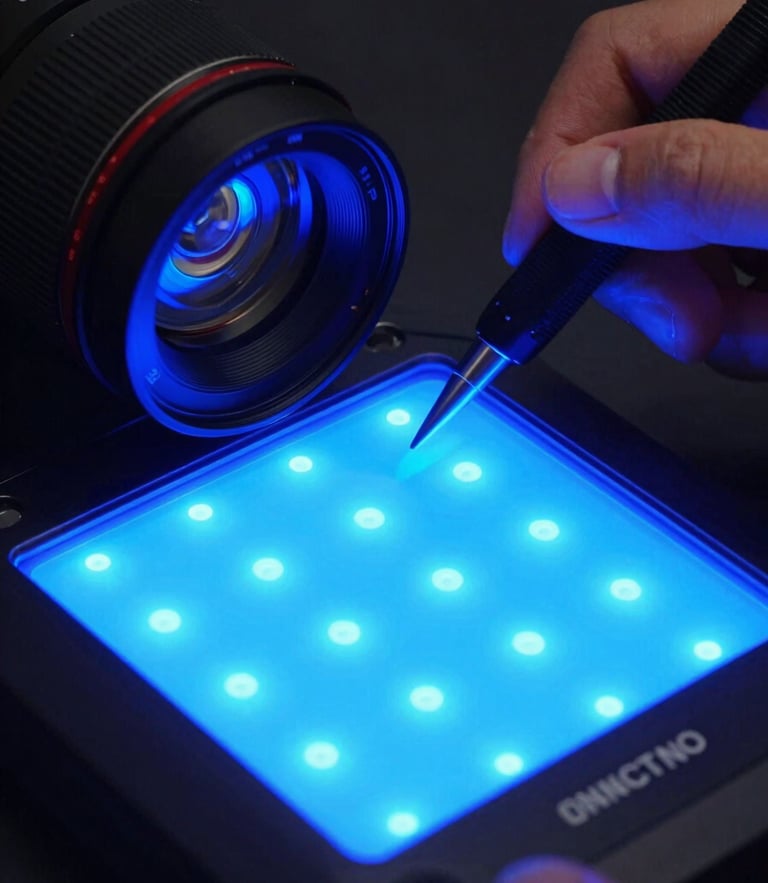 Macro detail of a technician using a colorimeter calibration tool on a seamless LED panel, vibrant blue light emitting from the screen, high contrast, 50mm lens