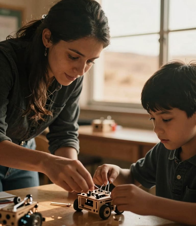 Close-up of a local teacher guiding a student assembling a small wooden robotics kit, warm golden-hour desert light through classroom window, shallow depth of field, 35mm film look.