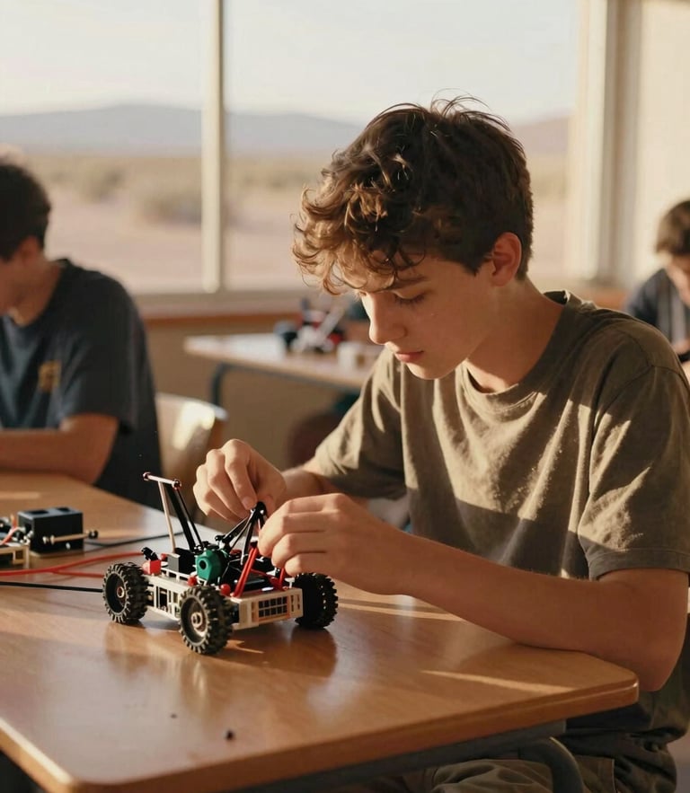 A focused high school student working on a robotics kit in a sun-washed classroom, natural desert golden-hour light, warm earthy tones, 35mm film look.