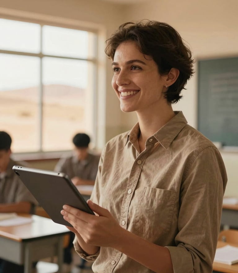 A high school science teacher smiling warmly in a bright classroom, holding a modern tablet, soft natural desert light, shallow depth of field, warm editorial style.