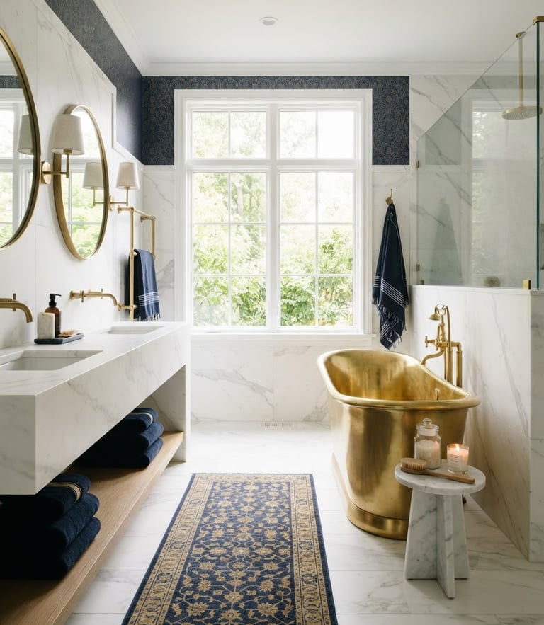 Bright architectural photography of a luxury master bathroom, soft natural window light, clean white marble, brass fixtures, 35mm