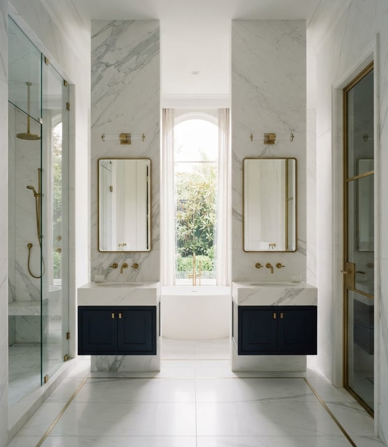 Straight-on architectural elevation of a modern luxury master bathroom, soft natural window light, clean white marble vanity with brass fixtures, a freestanding tub in the background, high-end editorial style, 35mm
