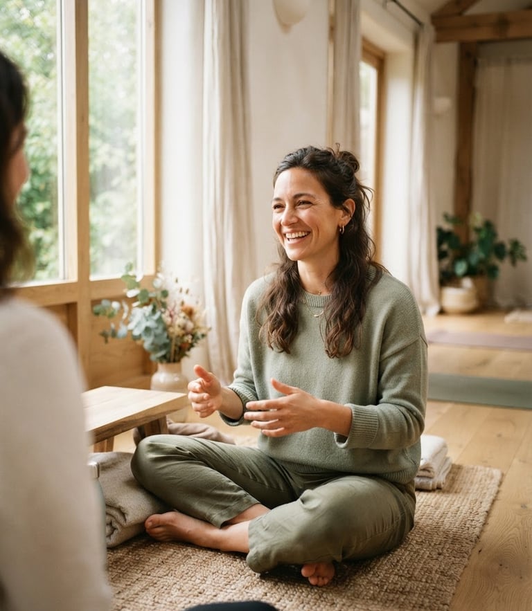 A warm editorial portrait of a female communication coach in a bright, daylight-filled yoga studio, soft sage tones, unposed and authentic.