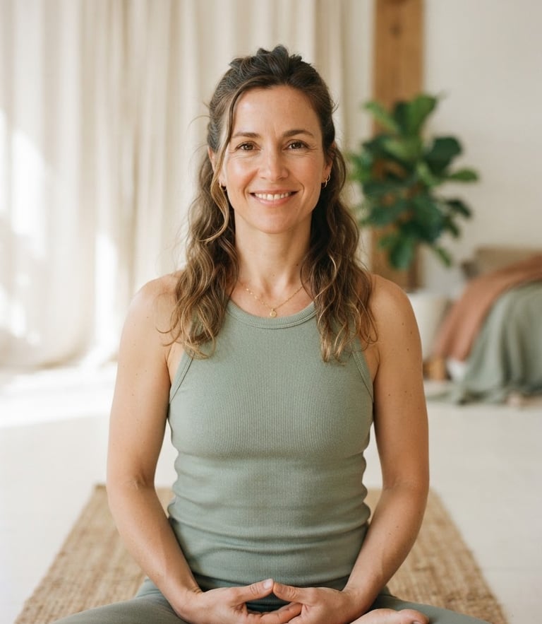 Close-up portrait of a yoga teacher with a calm, confident expression in a light-filled studio, soft natural daylight, muted sage and linen tones, shallow depth of field, 35mm