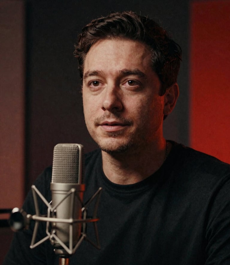 Medium close-up of a male content creator in a dark podcast studio, warm key light highlighting his face, subtle crimson ambient glow in the background, professional microphone in front of him, cinematic 35mm film look.
