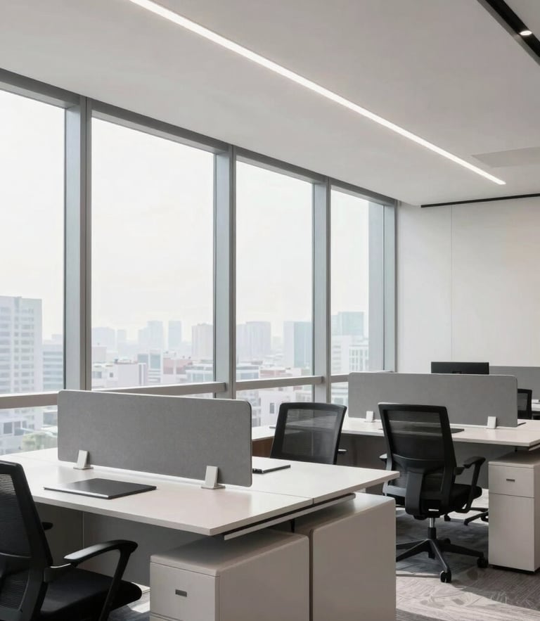 Premium architectural photography of a modern corporate office layout in Mumbai, bright natural window light, sleek workstations, sharp focus, 35mm
