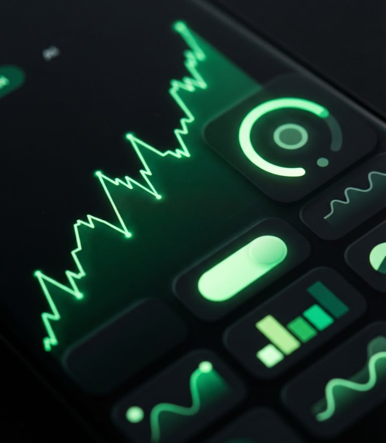 Extreme close-up macro shot of a sleek modern Android screen displaying a dark-mode fintech interface, vibrant neon green screen-glow, sharp focus on Material Design UI elements, 35mm