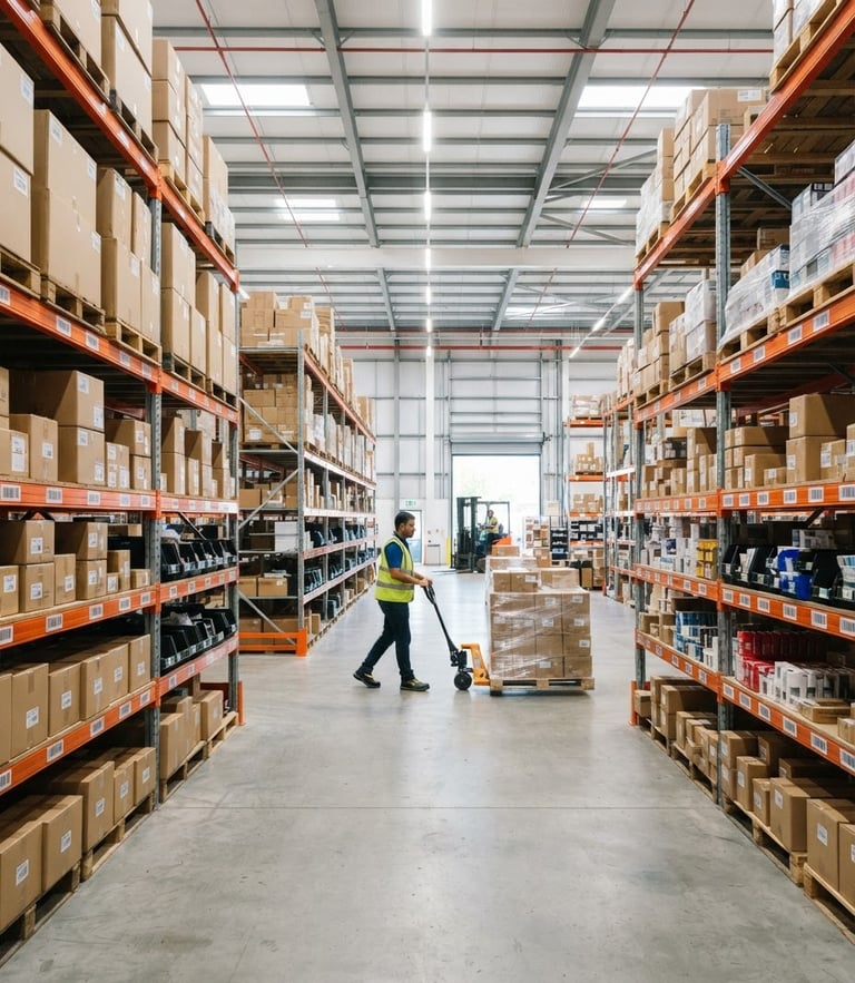 Bright warehouse interior with neatly stacked shipping boxes and organized shelves, high-key industrial lighting, sharp 35mm focus