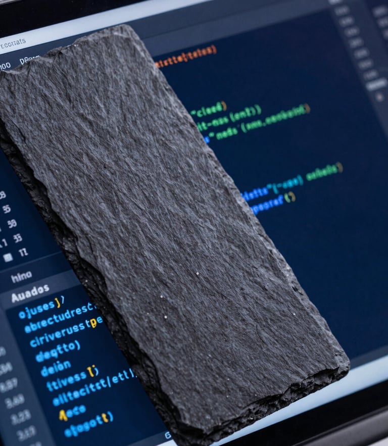 Macro close-up of a high-resolution screen displaying structured code and clean data visualizations, cool crisp studio lighting, slate and electric blue tones