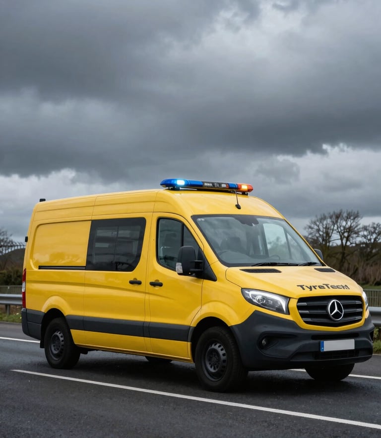 Low-angle shot of a modern yellow and black TyreTech1 service van parked securely by a UK highway under dramatic overcast daylight, high-contrast cool tones