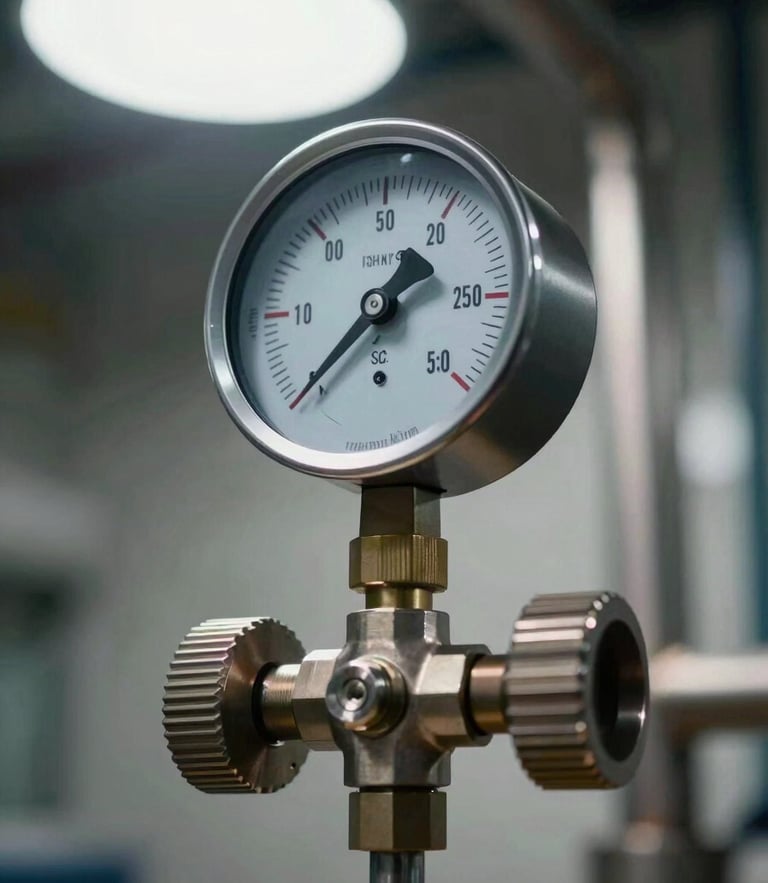 A close-up vertical shot of a high-precision pressure gauge mounted on industrial steel piping, dramatic overhead lighting, sharp focus on the dial, clean industrial environment.