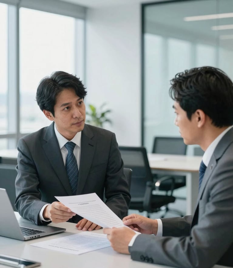 Professional business matching meeting in Jakarta, Japanese executive and Indonesian partner reviewing a structured agreement document, bright natural office light, modern office interior with blue and grey tones