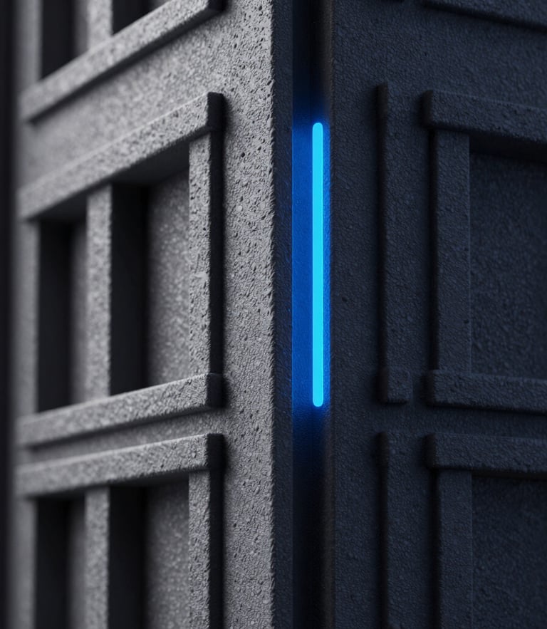 Extreme close-up of a high-fidelity 3D architectural render, dramatic low-key lighting with sharp cyber-blue accents, hyper-detailed textures, cinematic viewport frame.
