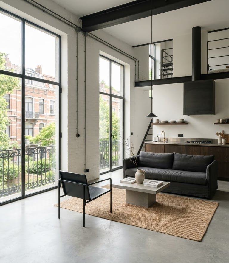 Crisp architectural photography of a bright, newly renovated Belgian apartment with large windows, dust-free concrete floors, high-contrast industrial tones, sharp focus.