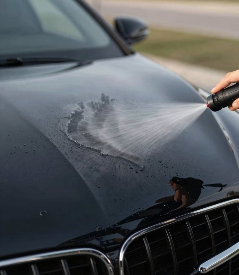 A close-up of waterless polymer formula being misted onto a pristine black luxury car fender, soft natural daylight, shallow depth of field, 35mm