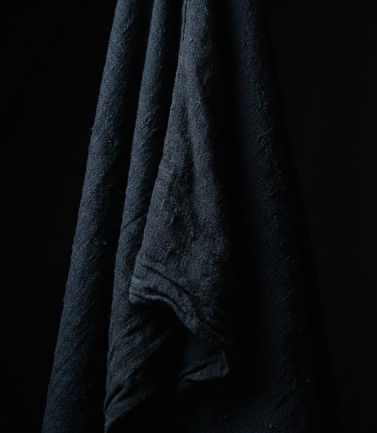 Stark studio photography of heavyweight Japanese cotton fabric drape, dramatic chiaroscuro lighting, deep shadows, high contrast black background, sharp focus, 85mm