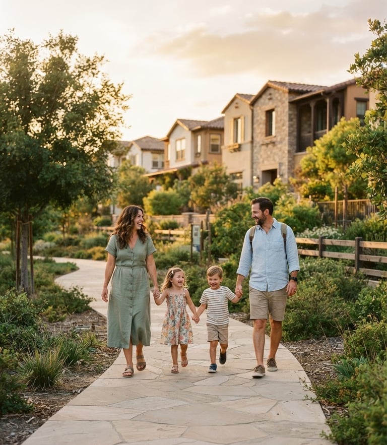 A warm family walking through a modern gated community park, golden hour light, beautiful houses in the background, 35mm photography