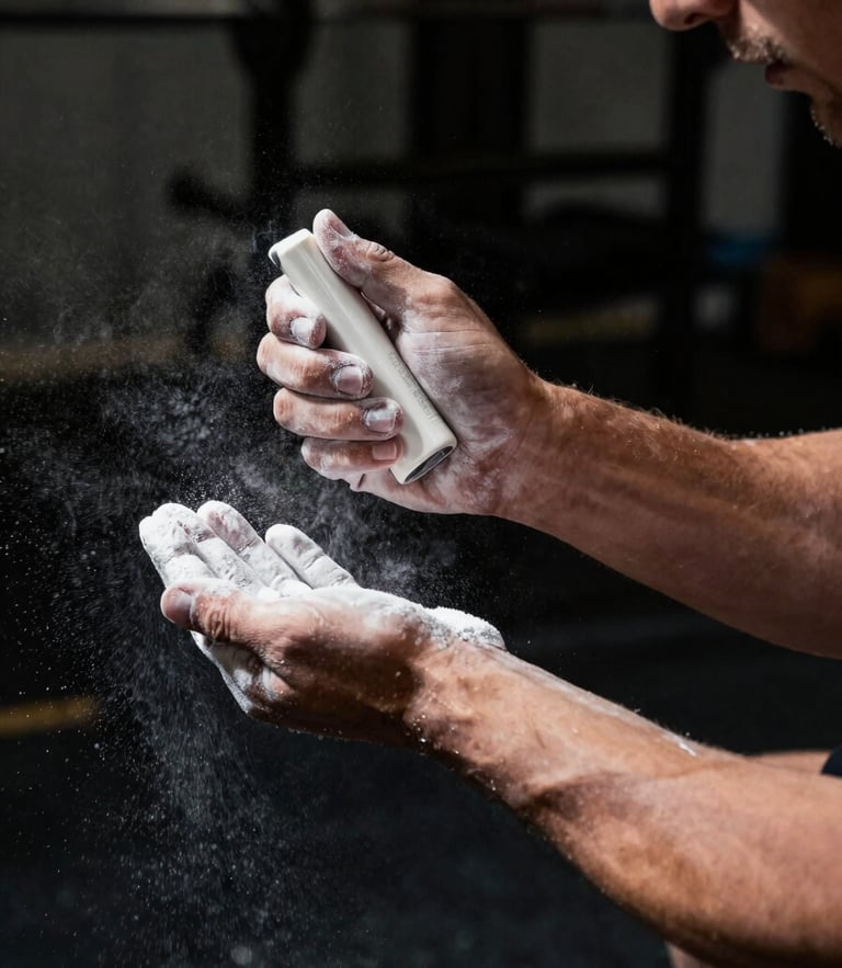 Tight dynamic action crop of an athlete's hands chalking up before a heavy lift in a dark gym, white chalk dust floating in high-contrast dramatic spotlighting, raw athletic texture, sports journalism style