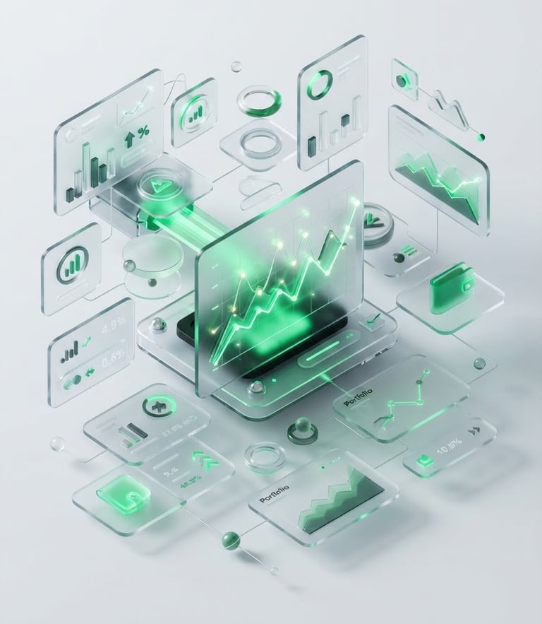 Sleek 3d render, glassmorphic financial UI elements, glowing green accents, clean white backdrop, crisp studio light, isometric