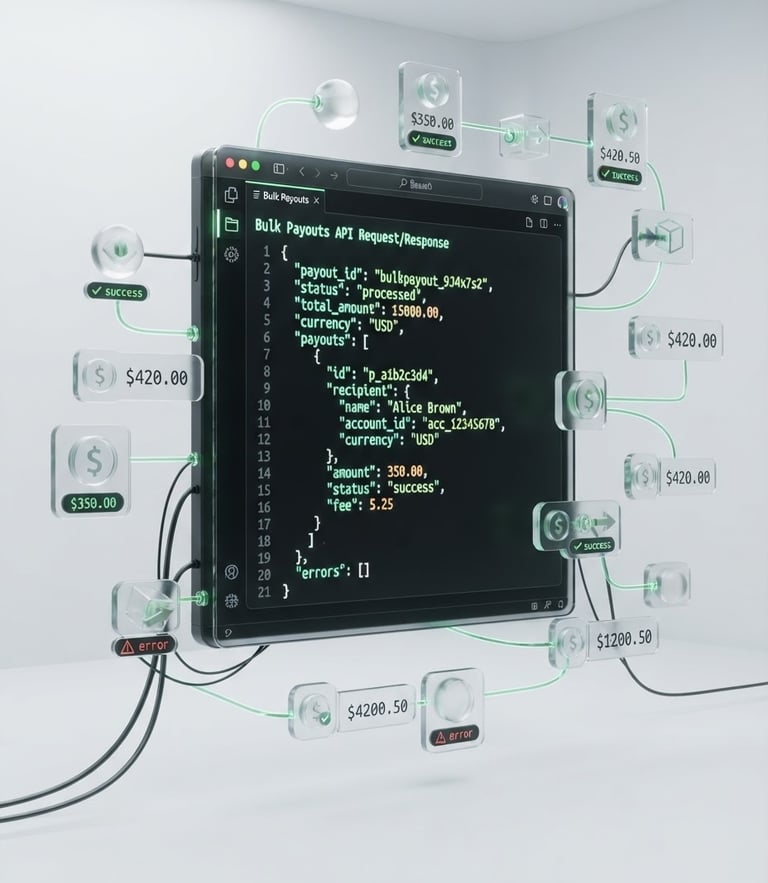 Sleek 3D render of a dark-mode IDE displaying a clean JSON API request-response payload for bulk payouts, glowing green syntax highlighting, floating glassmorphic transaction nodes, crisp studio lighting, isometric view