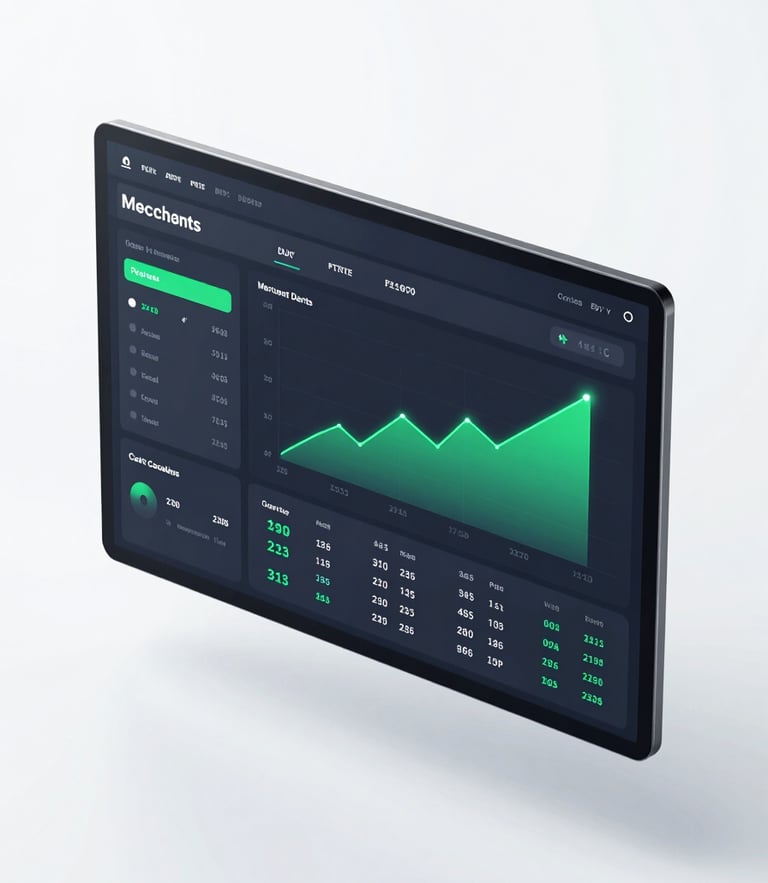 Sleek 3D render of a dark-mode merchant dashboard on a floating glass pane, displaying real-time payout analytics, glowing green success charts, transaction history, crisp studio lighting, isometric view