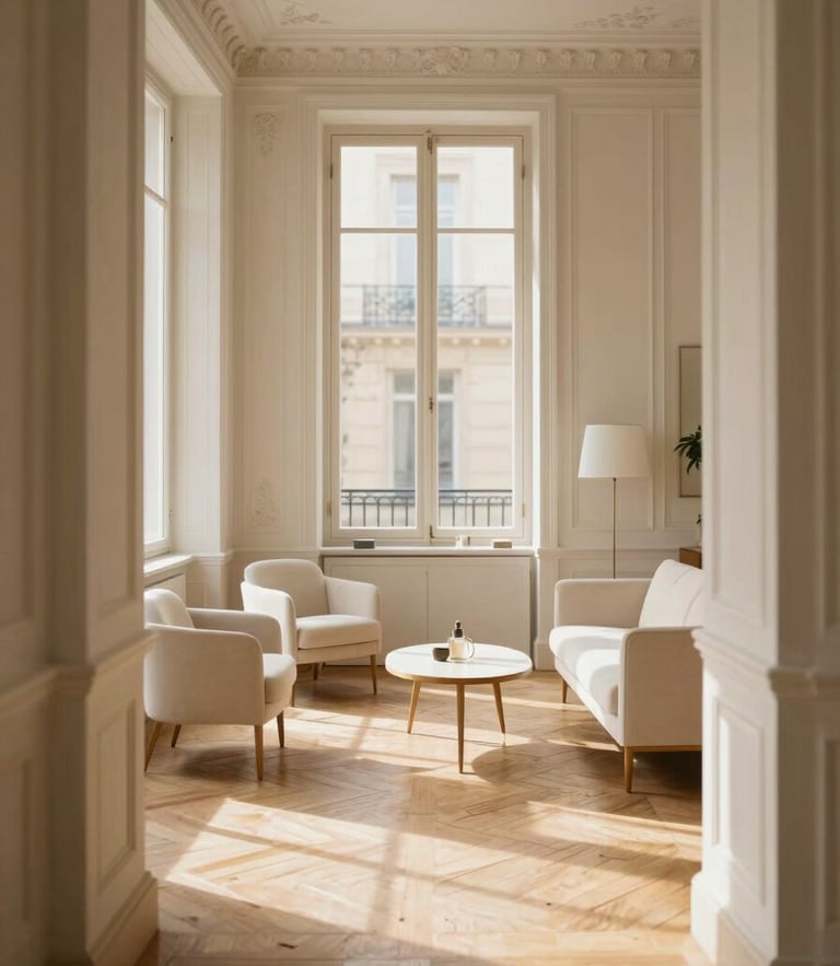 Warm editorial photography of a grand Parisian salon, soft afternoon window light streaming across herringbone parquet floors, delicate white plaster moldings, minimalist cream furniture, 35mm