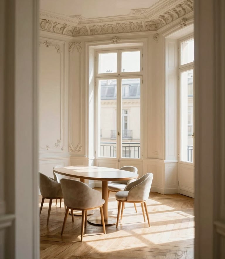 Warm editorial photography of a Parisian salon, high ceilings with delicate plaster moldings, sun-drenched herringbone parquet floor, soft afternoon window light, 35mm.