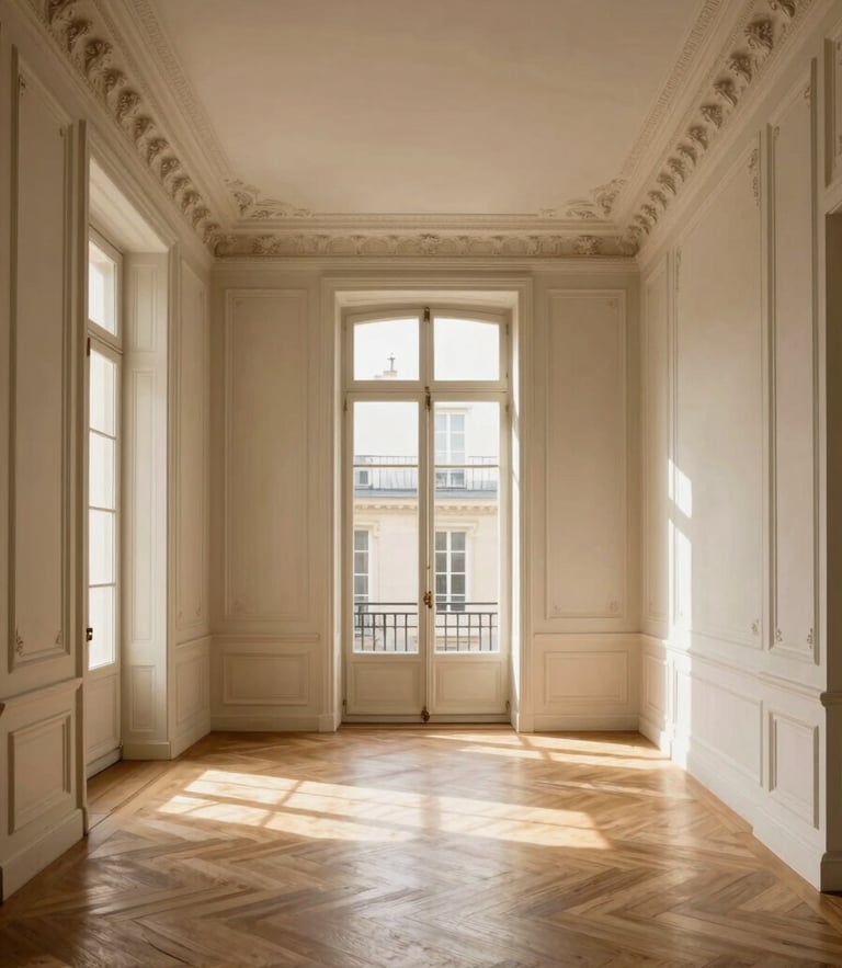 Wide environmental architectural shot of a Parisian private mansion salon, herringbone parquet floors, high ceilings with delicate plaster moldings, warm afternoon window light, 35mm