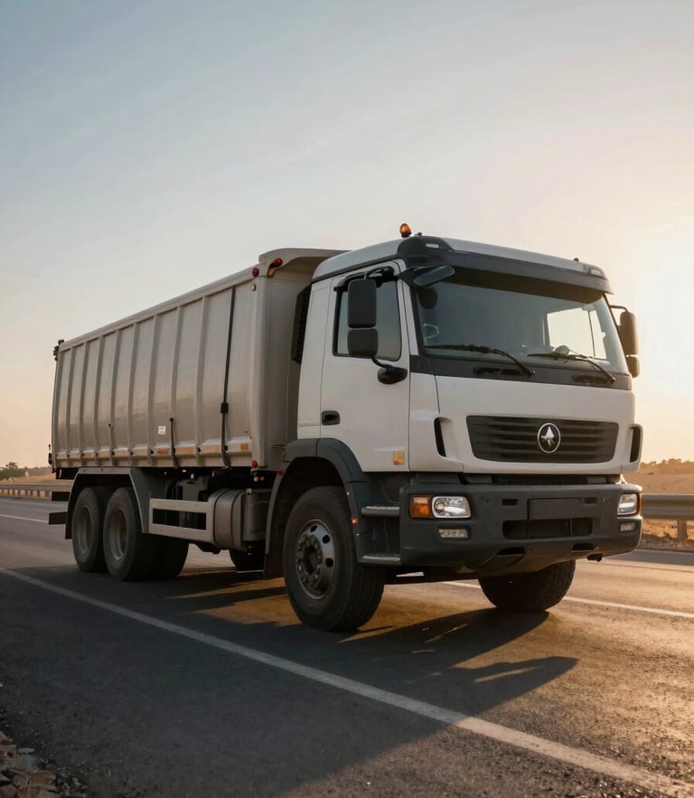 Low-angle heroic shot of an Elzafer heavy-duty cargo truck parked on an Egyptian highway shoulder during early morning golden hour, long dramatic shadows, harsh side-lighting, cargo securing straps visible in sharp detail, industrial-grade transit atmosphere.