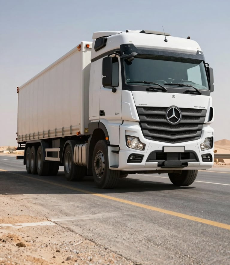 Low-angle heroic shot of a heavy-duty Mercedes-Benz Actros cargo truck on the Cairo-Alexandria desert road during harsh midday sun, deep shadows, concrete highway texture, industrial scale.