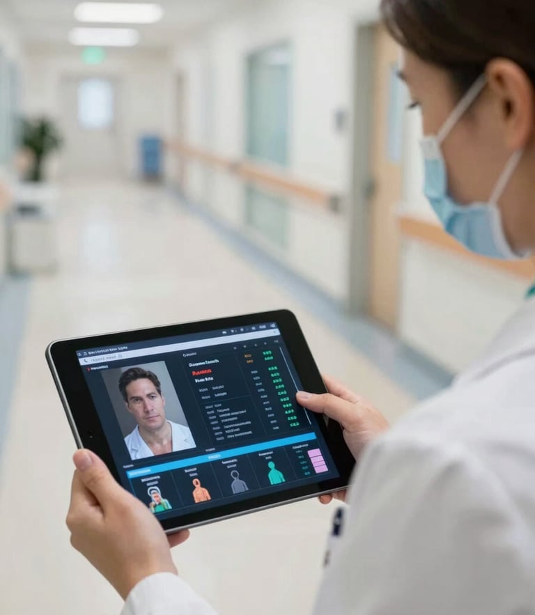 A close-up over-the-shoulder shot of a clinical director reviewing real-time patient analytics on a tablet, clean modern hospital corridor in the background, bright daylight.