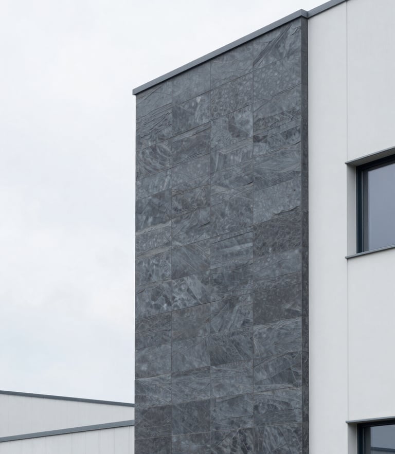 Clean architectural photography of a modern European distribution center facade, bright overcast daylight, cool slate and white tones, sharp focus, 35mm