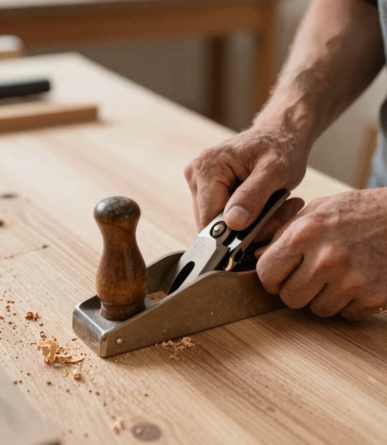 Close-up of a carpenter's hands using a hand plane on a thick oak board, warm workshop daylight, wood shavings visible, shallow depth of field