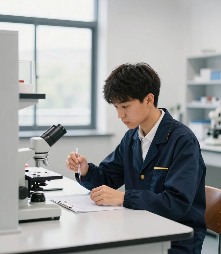 A focused student analyzing a physics experiment in a modern, daylight-filled laboratory, clean academic setting.