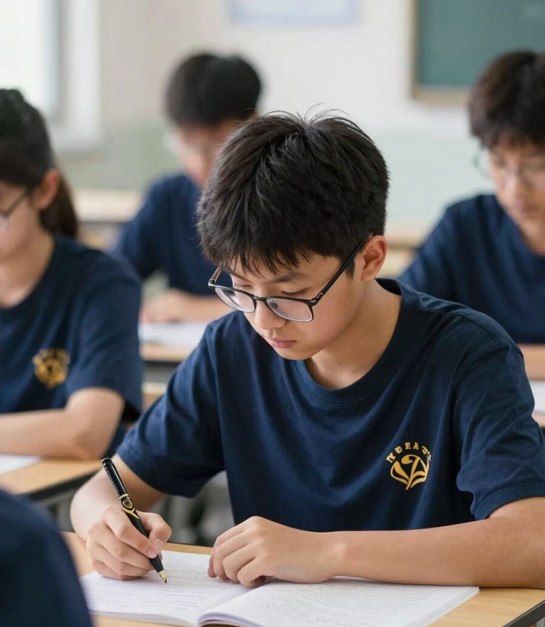 A focused student in deep concentration during a high-level mathematics competition, bright natural daylight, 35mm lens