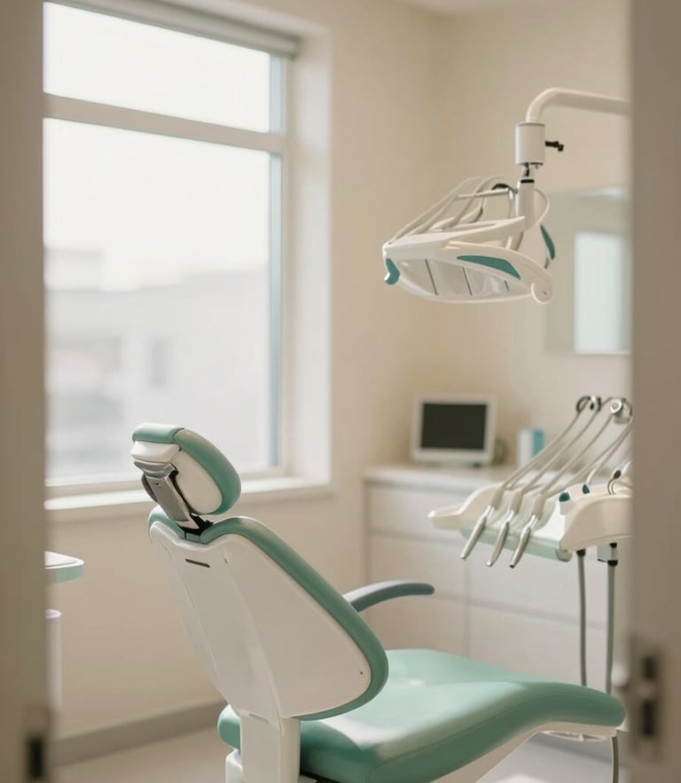 Warm editorial photography of a modern dental clinic interior with soft natural window light, clean pastel tones, and a comfortable green chair in the background