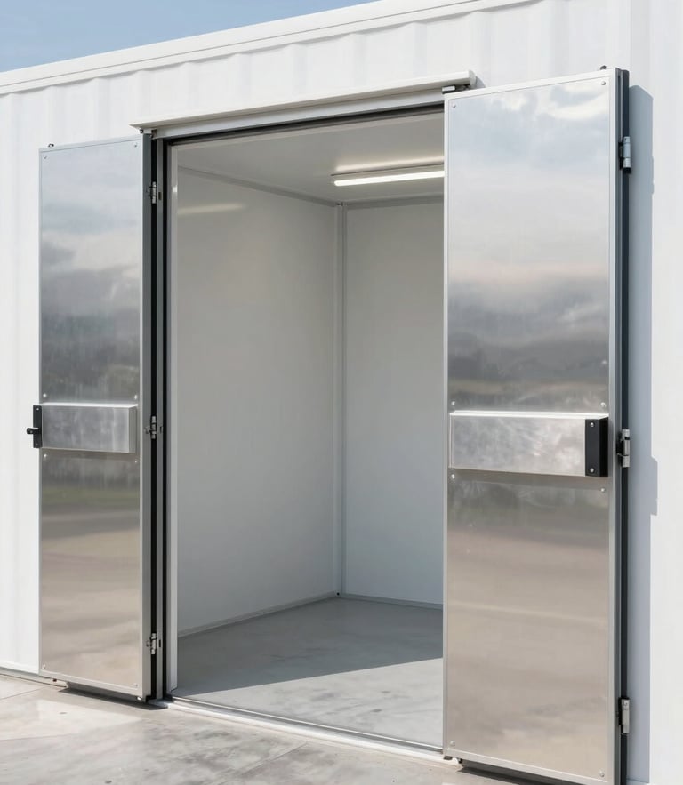 Crisp commercial photography of an immaculate, brightly lit private storage vault with polished concrete floors and secured steel doors under clean daylight.